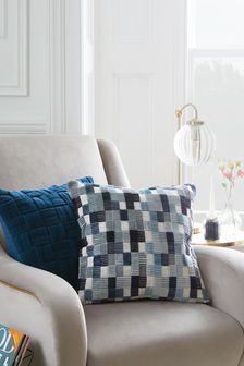 Blue Grid Cut Velvet Cushion