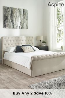 Aspire Furniture Oyster Linen look Chesterfield Storage Side Lift Ottoman Storage Bed