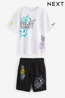 White/Black Graffiti Graphic Top and Shorts Set (3-16yrs)