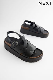 Black Leather Weave Flatform Wedge Sandals