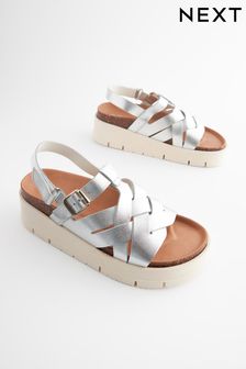 Silver Leather Weave Flatform Wedge Sandals