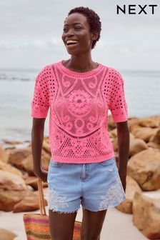 Fluro Pink Short Sleeve Crochet Crew Neck T-Shirt