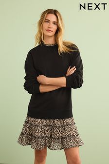 Black Layered Sweatshirt Long Sleeve Animal Print Dress