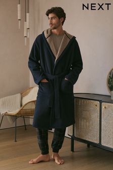 Navy Blue Borg Lined Textured Dressing Gown