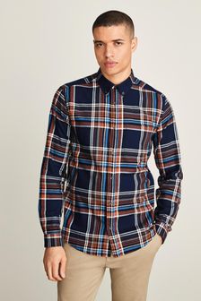 Tan/Navy Brushed Flannel Check Long Sleeve Shirt