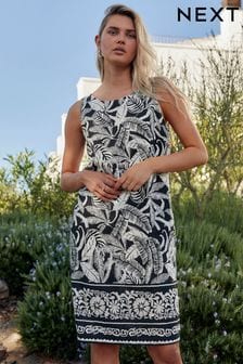 Black on White Linen Blend Sleeveless Shift Dress