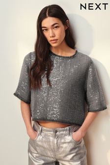 Charcoal Grey Short Sleeve Sequin T-Shirt