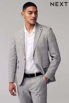 Grey Slim Fit Check Linen Suit: Jacket