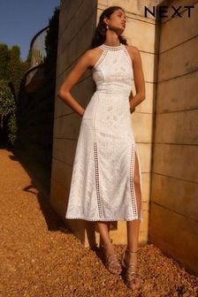 White Sleeveless Lace Slit Midi Dress