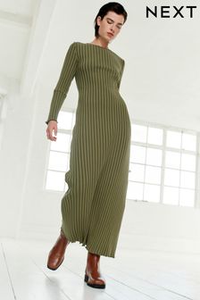 Khaki Green Striped Ribbed Maxi Dress