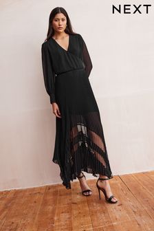 Black Wrap Front Sheer Skirt Midi Dress