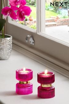 Pink Set of 2 Pink Glass Tealight And Tapered Candle Holders