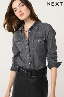 Washed Black Fitted Western Denim Shirt