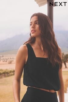 Black Summer Square Neck Top with Linen