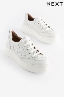 White Signature Forever Comfort® Leather Weave Chunky Wedge Platform Trainers