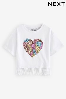 Ecru White Sequin Heart Fringe T-Shirt (3-16yrs)