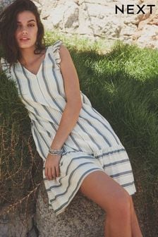 White/Blue Linen V-Neck Blend Summer Sleeveless Shift Dress
