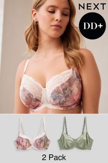 Pink Watercolour Floral Print/Sage Green DD+ Non Pad Wired Full Cup Microfibre and Lace Bras 2 Pack