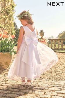 Ecru White Flower Girl Bow Dress (3mths-16yrs)