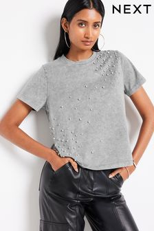 Grey Short Sleeve Embellished Washed T-Shirt
