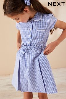 Mid Blue Cotton Rich Belted Gingham School Dress With Scrunchie (3-14yrs)