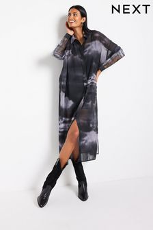Blue/Black Smudge Print Sheer Long Sleeve Midi Dress