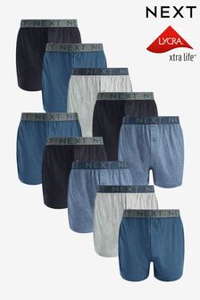 Blue Loose Fit Pure Cotton Boxers 10 Pack