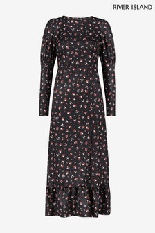 Longsleeve Floral Midi Black Dresses 