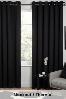 Black Black Cotton Blackout/Thermal Eyelet Curtains