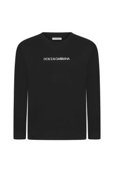 تيشرت قطن أسود بشعار بكم طويل للأولاد البيبي من Dolce & Gabbana Kids