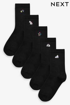 Black 5 Pack Bamboo Rich Unicorn Embroidered Ankle Socks