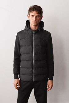 Black Knitted Sleeve Quilted Hooded Coat