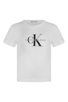 Calvin Klein ジーンズ キッズ ホワイト コットン ロゴ T シャツ
