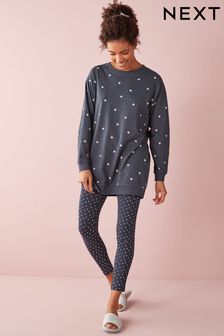 Navy Blue Stars Cotton Tunic And Legging Pyjamas Set