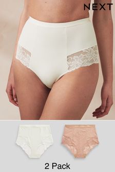 Tan Print/Cream Tummy Control Shaping Lace Back Brazilian Knickers 2 Pack