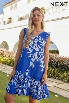 Blue on White Linen V-Neck Blend Summer Sleeveless Shift Dress