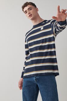 Navy Blue Stripe Oversized Long Sleeve T-Shirt