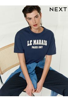 Navy Blue Le Marais Paris City Graphic Short Sleeve Crew Neck Top