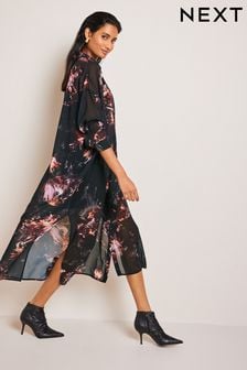 Black/Purple Abstract Floral Sheer Long Sleeve Midi Dress