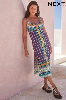 Blue Scarf Print Midi Strappy Summer Slip Dress