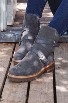 Grey Forever Comfort® Faux Fur Lined Buckle Strap Boots
