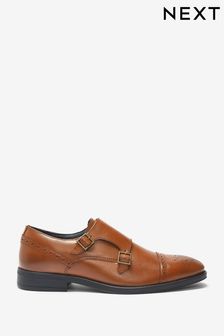 Tan Brown Leather Toe Cap Double Monk Shoes