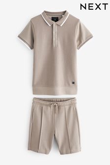 Stone Natural Textured Polo And Shorts Set (3-16yrs)