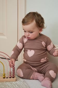 Chocolate Brown Heart Print Knitted Baby 2 Piece Set (0mths-2yrs)