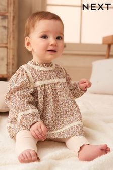 Ecru Cream Floral Baby Woven Blouse And Leggings 2 Piece Set