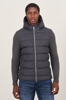 Grey Knitted Sleeve Quilted Hooded Coat