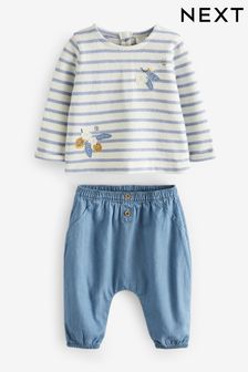 Blue/White Baby Top And Denim Trousers 2 Piece Set