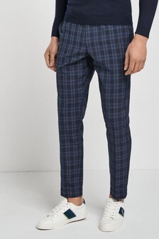 Denim Blue Check Tapered Slim Fit Trousers