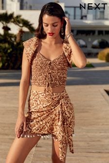 Brown Floral Ruched Shell Trim Mini Skirt