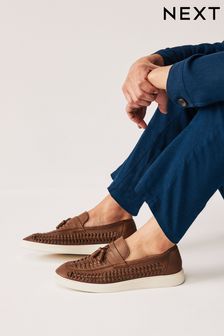 Tan Brown Leather Woven Tassel Loafers
